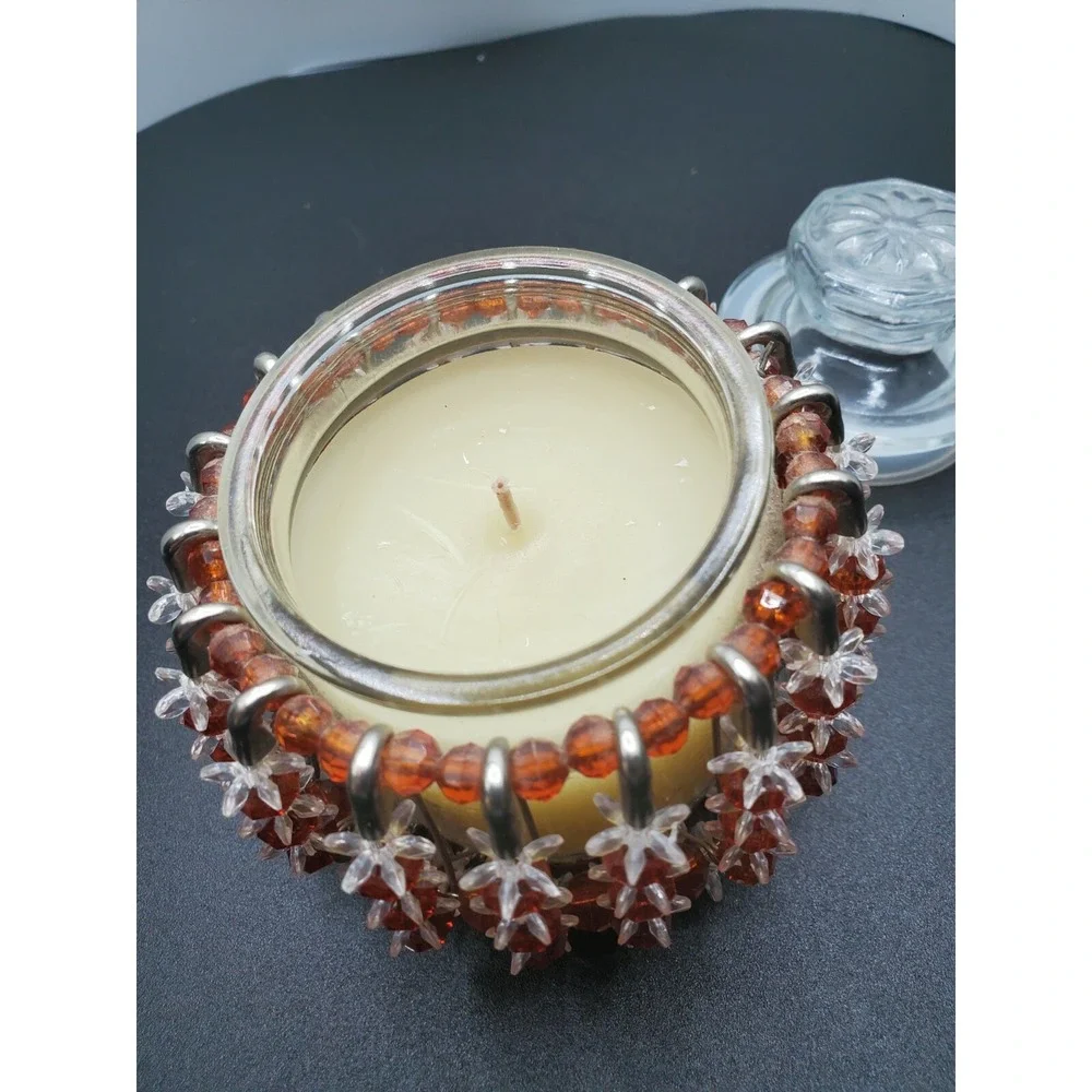 Vintage Mid Century Safety Pin and Beads Candle Holder Orange White Tramp Art
